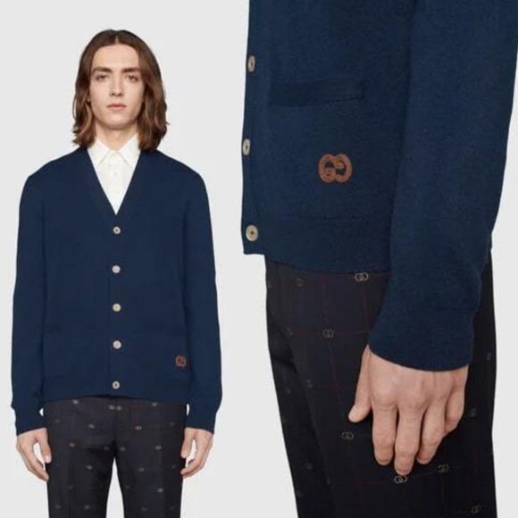 GUCCI MENS SWEATER BLUE CASHMERE CARDIGAN w GG LOGO EMBROIDERY sz XL - Picture 1 of 12